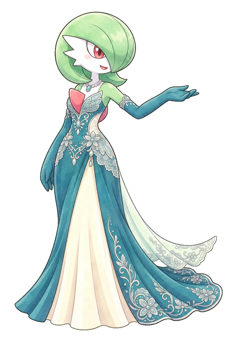 Gardevoir in abito da sera elegante, indica verso destra