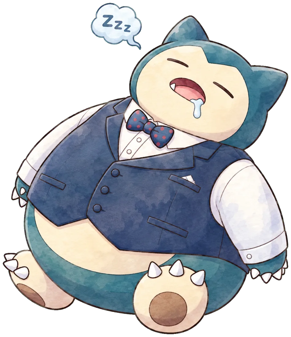 Snorlax addormentato in gilet elegante, appoggiato al form